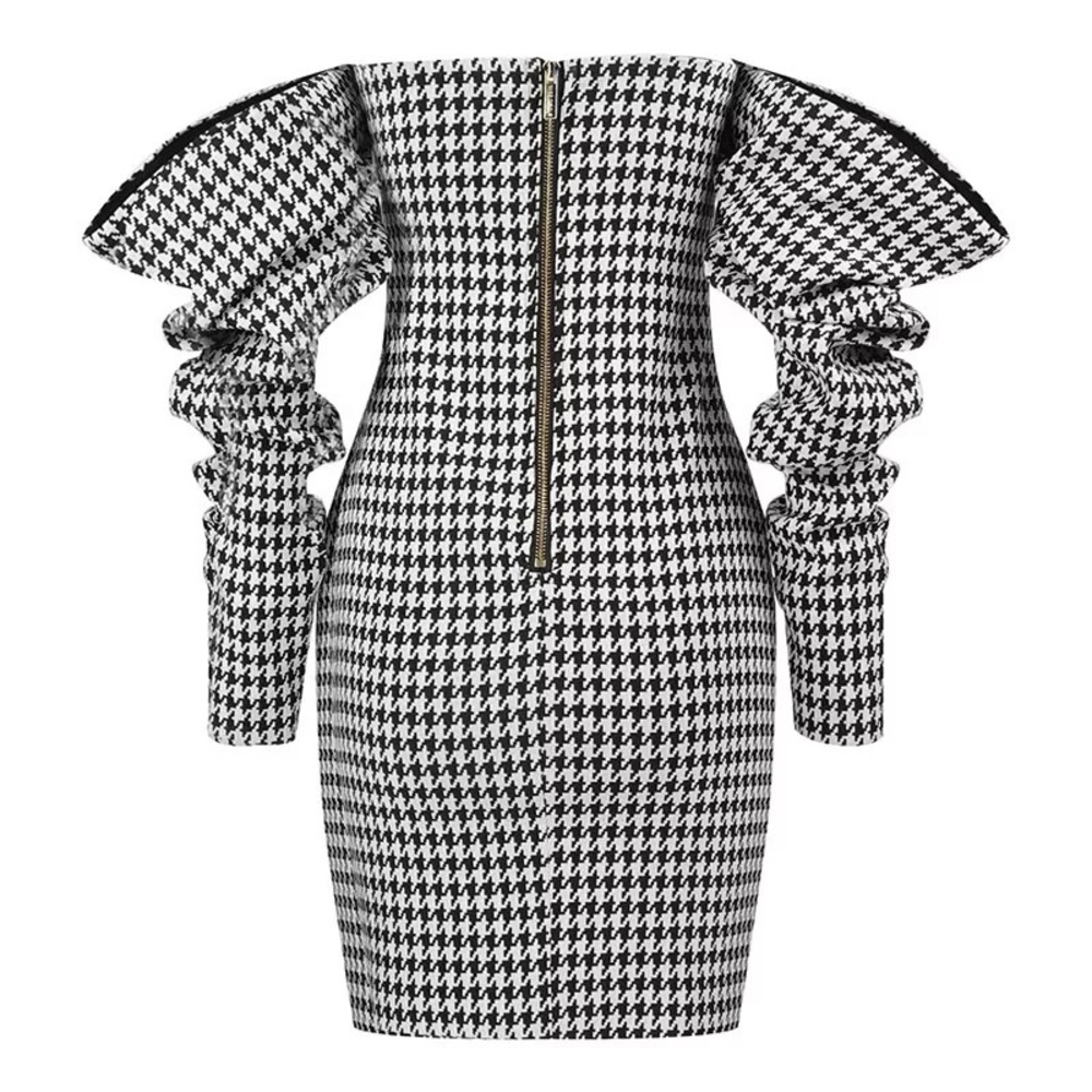 Off-Shoulder Houndstooth Mini Dress | Fall/Winter | Luxury Boutique – S M L - Picture 11 of 16